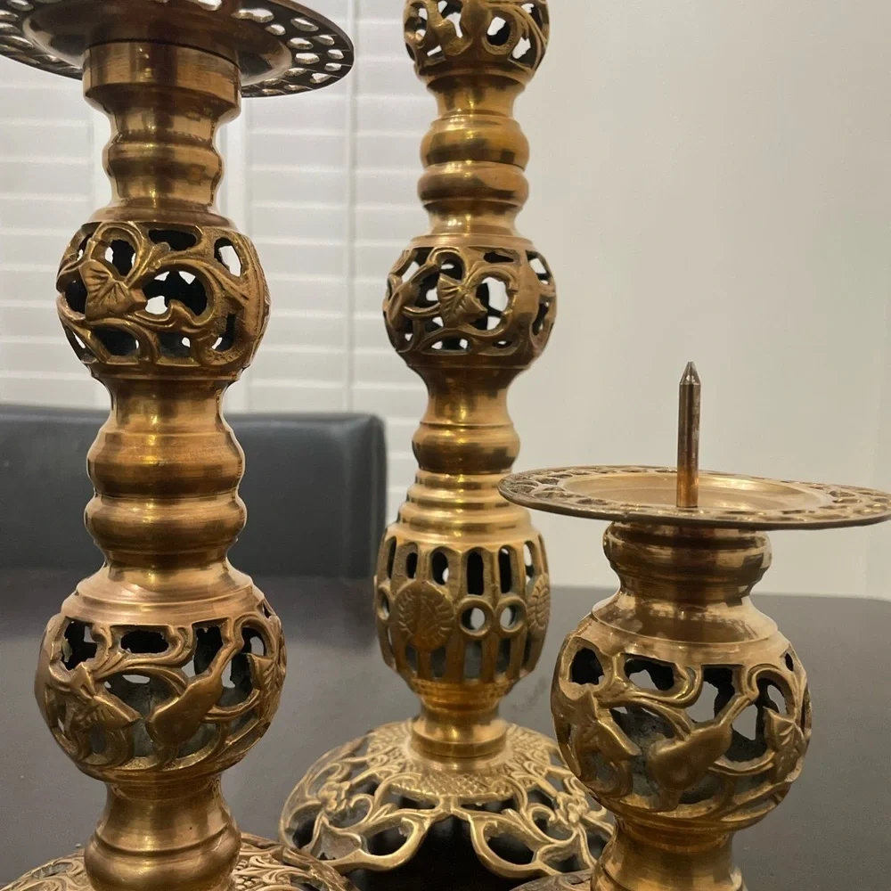 Vintage Ornate Filigree Brass Candle Holder Trio, 13 1/2 in, 9 1/2, 5 1/2